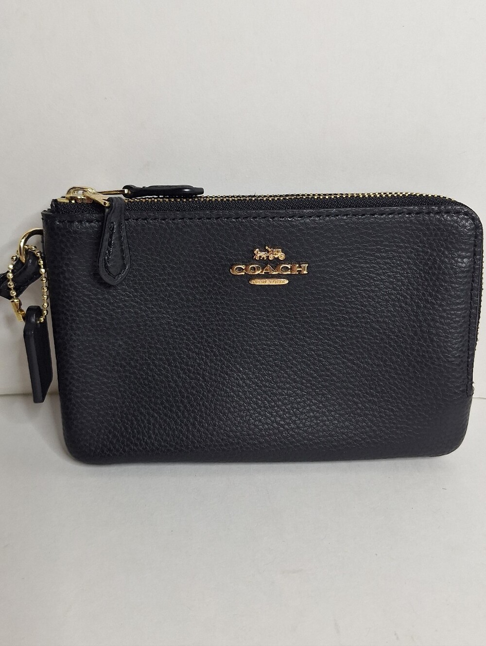 Coach Double Corner Zip Wristlet Wallet In Poished Black Pebble Leather